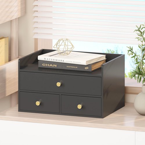 Bamboo Desk Organizer with Drawers Wooden Desktop Storage Drawers for Bills Office Supplies Kitchen Utensils Organizing Tool for Home Classroom Organization No Assembly (3 Drawers, Black)