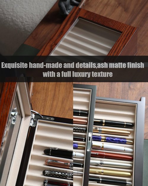 Besforu wood pen display case 24 slot Fountain pen Box storage Organizer with drawer, Top Glass Window Pen Collection Display Case