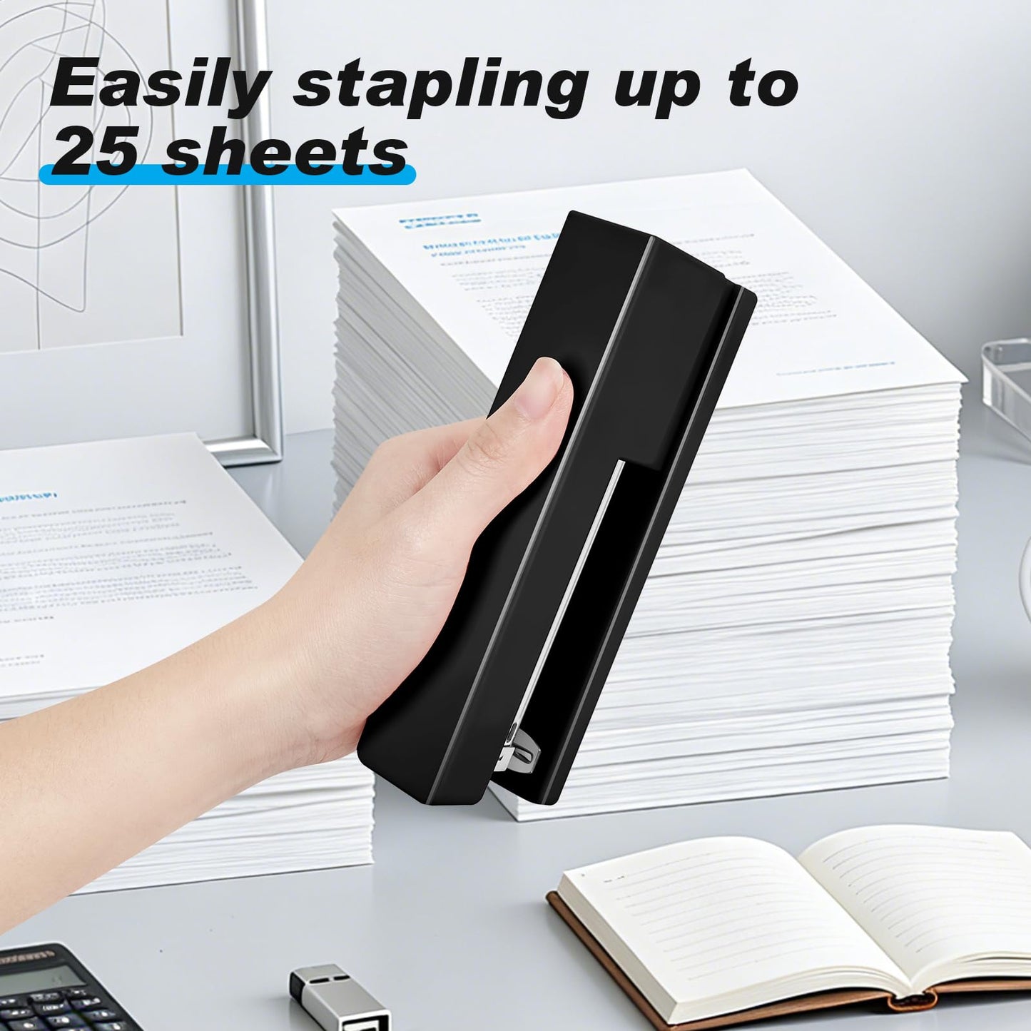 Office Desktop Stapler - 25 Sheet Capacity with 830 Staples and Staple Remover,Staplers for Desk,Non-Slip for School, Home, Black