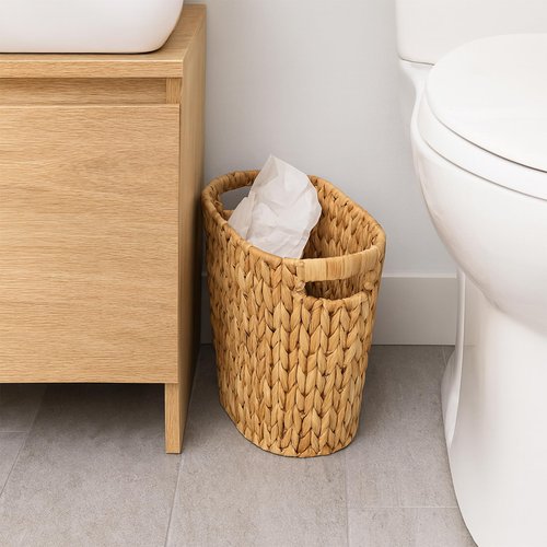 2 Pack Handwoven Water Hyacinth Trash Can - Natural Wicker Waste Basket with Wooden Handles, Slim Oval Design for Bathroom, Bedroom, Office (13"x7.5"x12") | Eco-Friendly & Space-Saving Storage Bin (2)