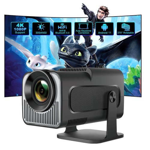 ENUOSUMA Mini Projector with WIFI 6 and Bluetooth 5, HY320 Full HD 4K Support, Portable Projector Android 11, 300ANSI Auto Keystone Correction 130" Screen, 270° Rotatable Projector for Phone/Laptop