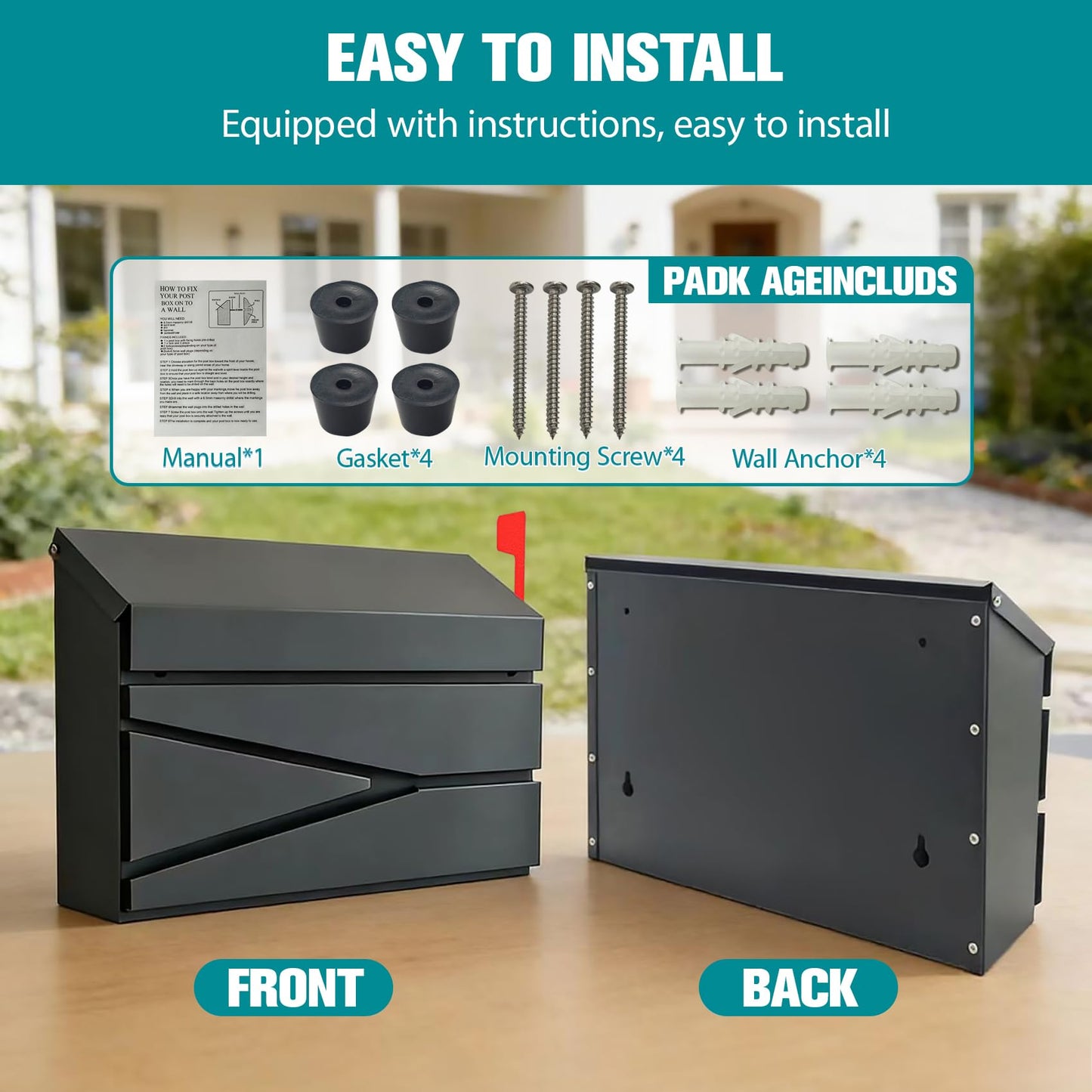 15.74" x 9.84" x 4.33" Wall Mount Mailbox, Large Capacity Mail Box for Outside, Modern Collection Box Postbox, No Keys Locking, with Flag Kit