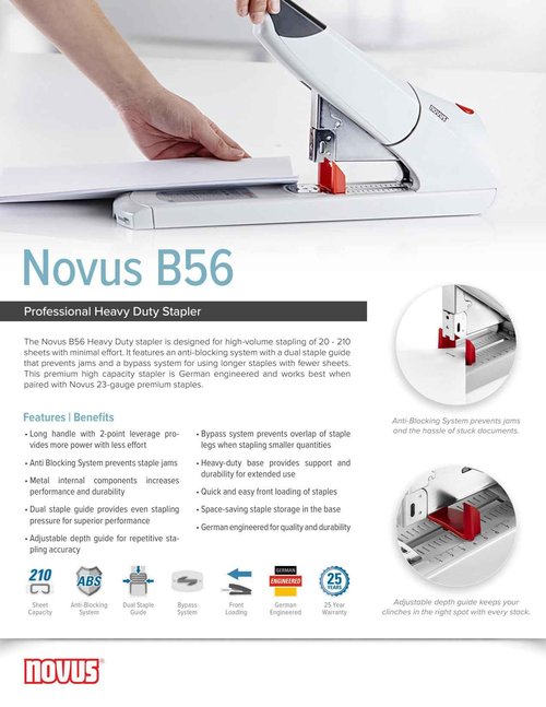 Novus B56 Heavy Duty Stapler, 200 Sheet Capacity, Anti-Jam, 3" Stapling Depth w/ Adjustable Guide, Staple Bypass, German Engineered (023-0059)
