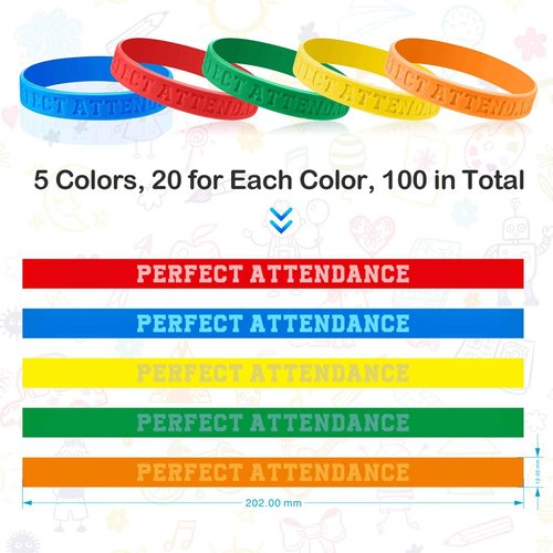 Sureio Perfect Attendance Silicone Bracelets Colored Rubber Bracelets Silicone Wristbands Bulk Rubber Wrist Bands for Student Employee Awards Teacher Kid Company School Classroom Office Gift (300)