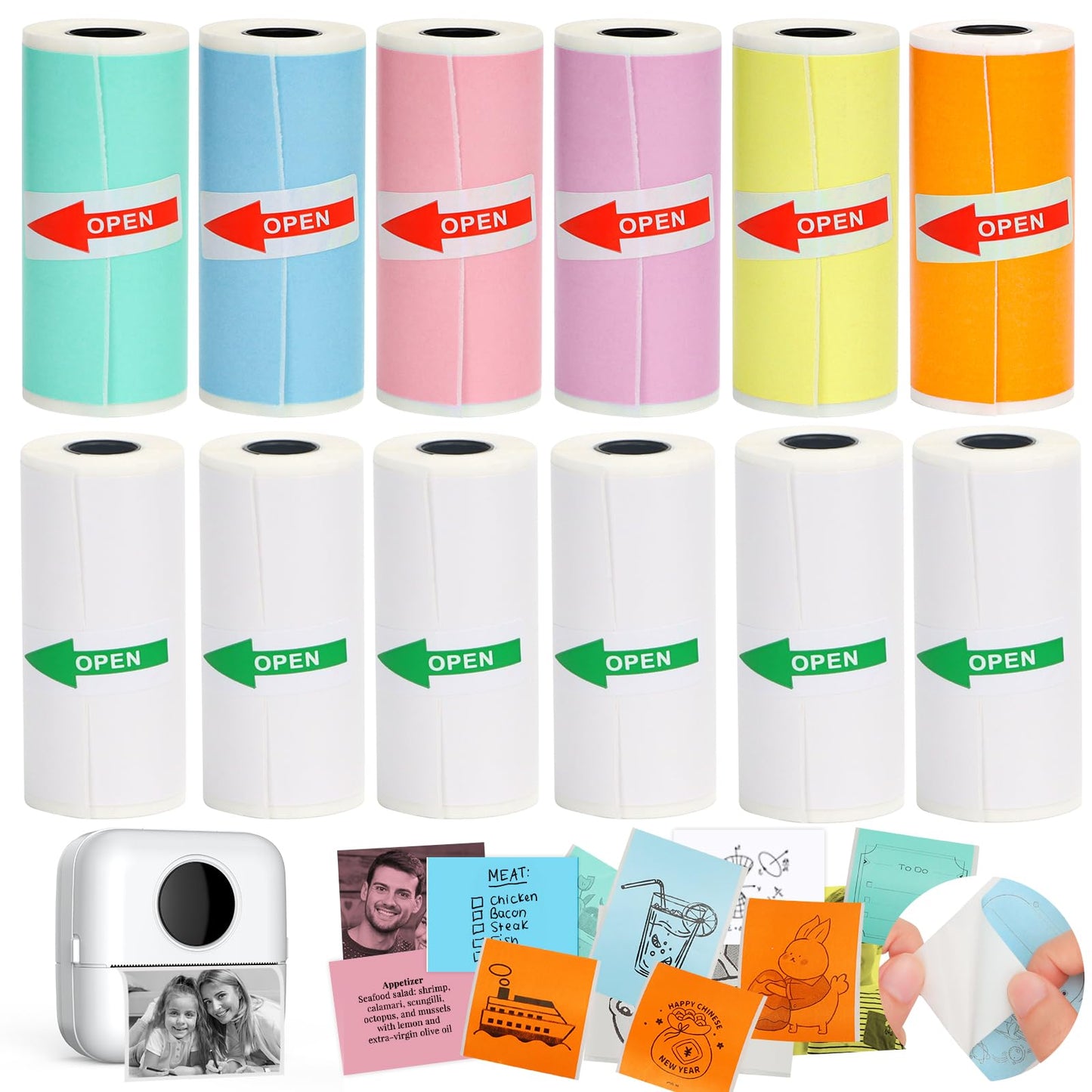 HuiJuKeJi 12 Rolls Mini Printer Sticker Paper,Thermal Self-adhesive paper 57 * 25mm,6 Rolls of White &6 Rolls of Colour Paper for Pocket Inkless Portable Bluetooth Printer to Print Photo,Note