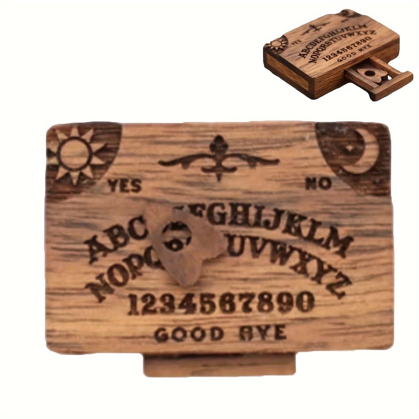 Veloshine Wooden Mini Spirit Board with Storage Drawer, Gothic Letters and Numbers, Sunburst Design, Decorative Ouija-Style Home Ornament