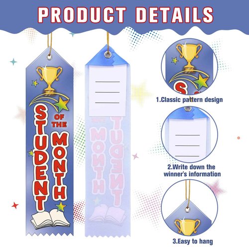 Wavwavw 200 Pcs Student of The Month Award Ribbons Bulk 8" x 2" Prizes Ribbons with Event Card and String Award Prize Gift for Tournaments, Competitions, Party, Classroom Home Study Supplies