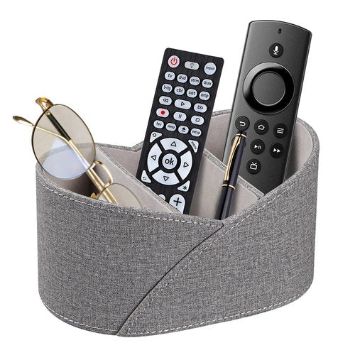 PU Leather Remote Control Holder with 3 Compartments, Modern Design Desk Accessories Workspace Organizer for Office/School/Home, Modern Nightstand Caddy Organizer for Makeup/Vanity/Stationery,Grey