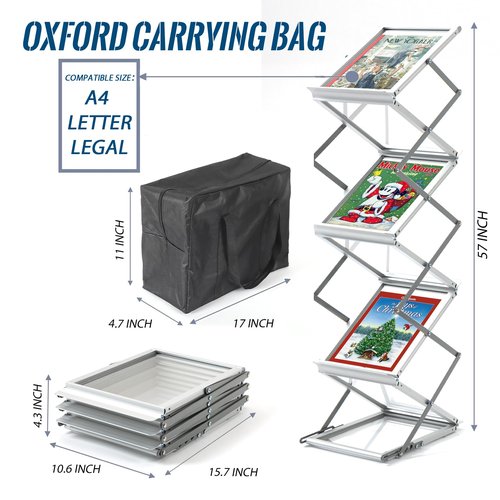 6 Pockets Aluminum Floor Standing Magazine Rack with Carrying Bag, Portable Pop-up Brochure Display Stand, Foldable Catalog Literature Display Stand, A4 Size, for Exhibition, Trade Shows, Office