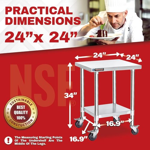DuraSteel 24x24 NSF Stainless Steel Work Table - Heavy Duty Rolling Prep Cart with Wheels
