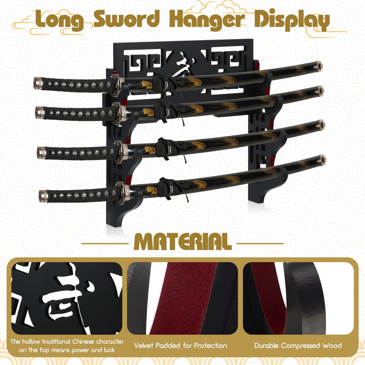 Barydat Katana Holder Sword Stand Wall Mount Samurai Sword Display Katana Rack Hanger Japanese Wakizashi Hobby Collection Gifts for Men(Warrior,Black,4 Tier)