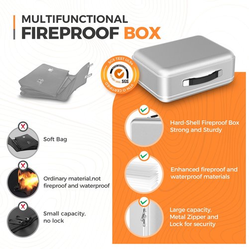 EDMUED Fireproof Document Box with Lock, Waterproof File Safe Box for Documents, Fireproof and Waterproof Important Document Organizer for Home and Office - Silver Gray