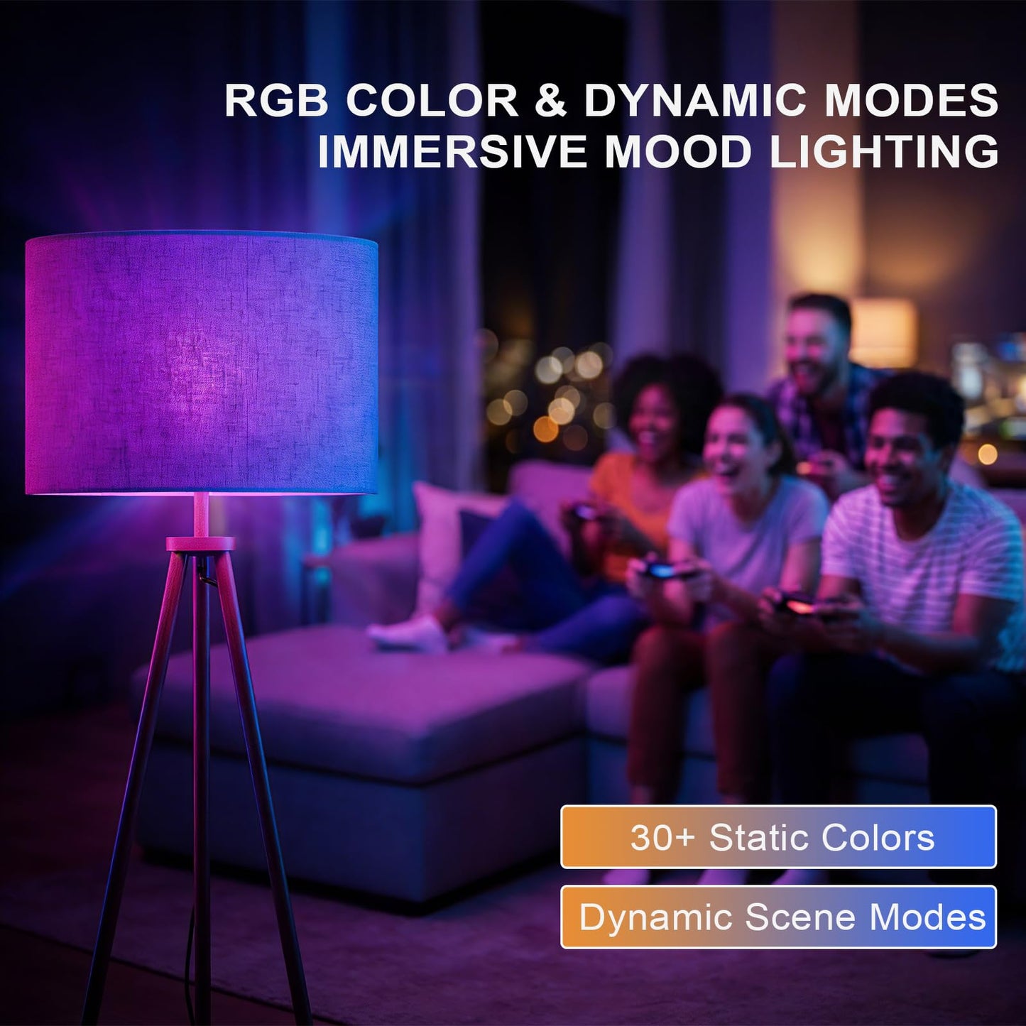 homzuri 58.3" Mid-Century Tripod Floor Lamp with Shelf, Hidden Wiring, RGB Dimmable Bulb Included, Remote & App Control, Iron Corner Standing Lamp with Linen Shade for Living Room Bedroom