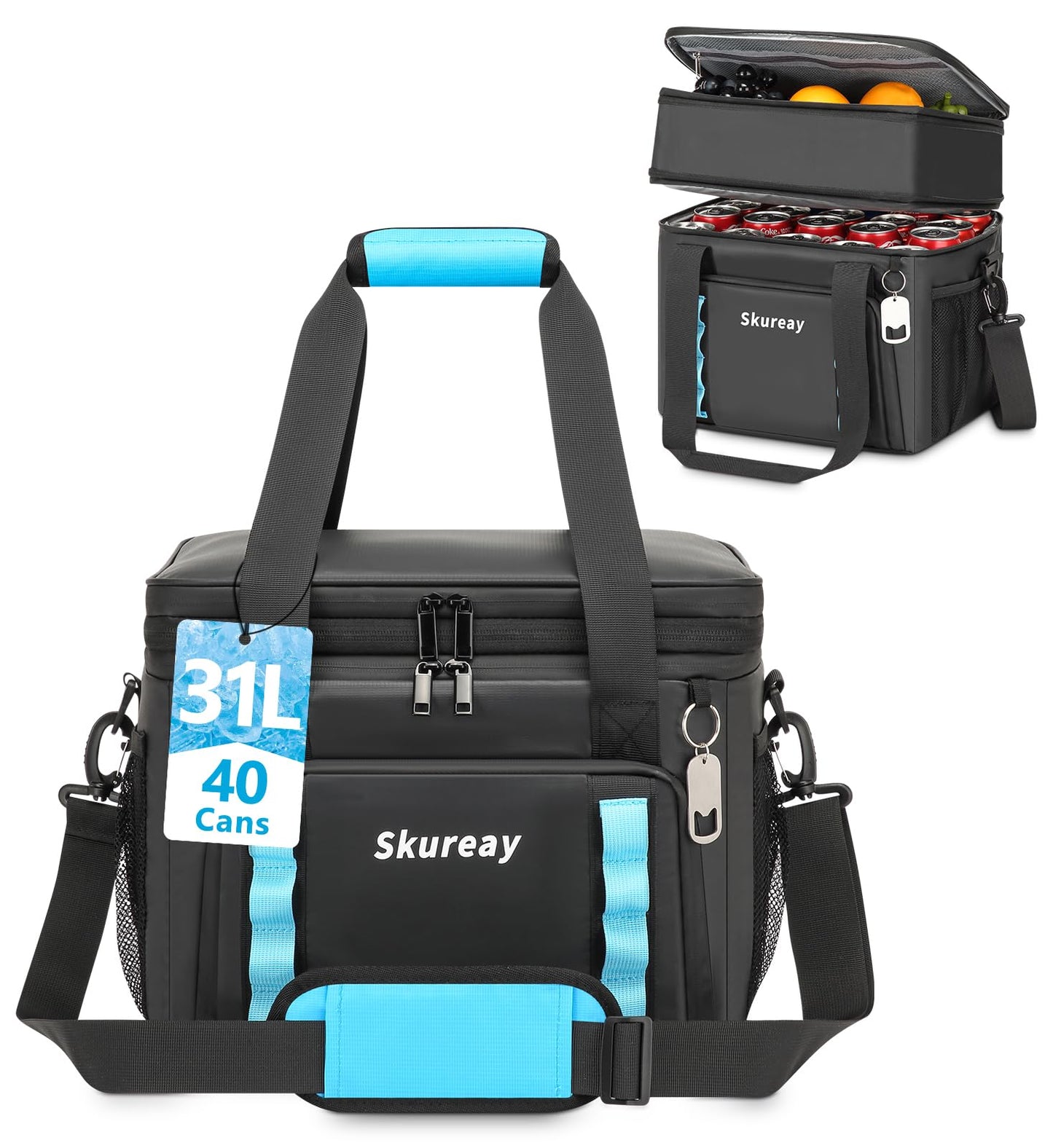 Expandable Soft Cooler Bag, Double Deck Lunch Bag for Women/Man, 40 Cans, Leakproof Cooler Portable for Beach, Camping, Kayaking, Road Trips, Travel, Work (Black)