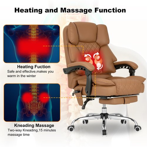 BOWTHY Kneading Massage Executive Office Chair with Heated,90-135° Reclining Chair with Footrest, Diamond-Stitched Cushion Leather Chair, Ergonomic Desk Chairs (Brown)