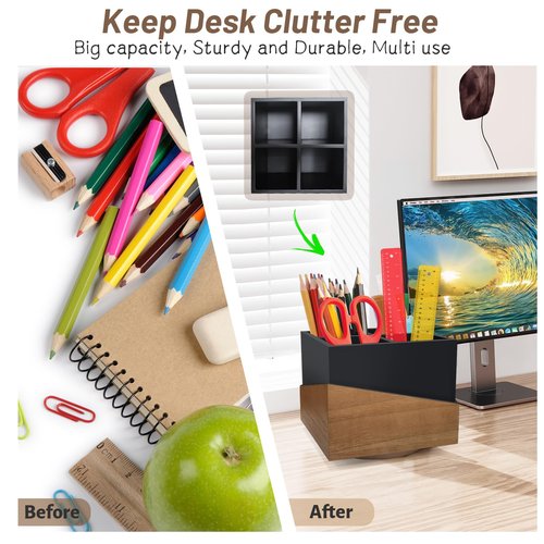 DUO GE MAO Rotating Pen Holder for Desk, Black Pencil Holder Pen Cup with Wood Grain Veneer, Wooden Desktop Pen Organizer Desk Caddy Organizer for Makeup Brush, Flatware, Remote Control