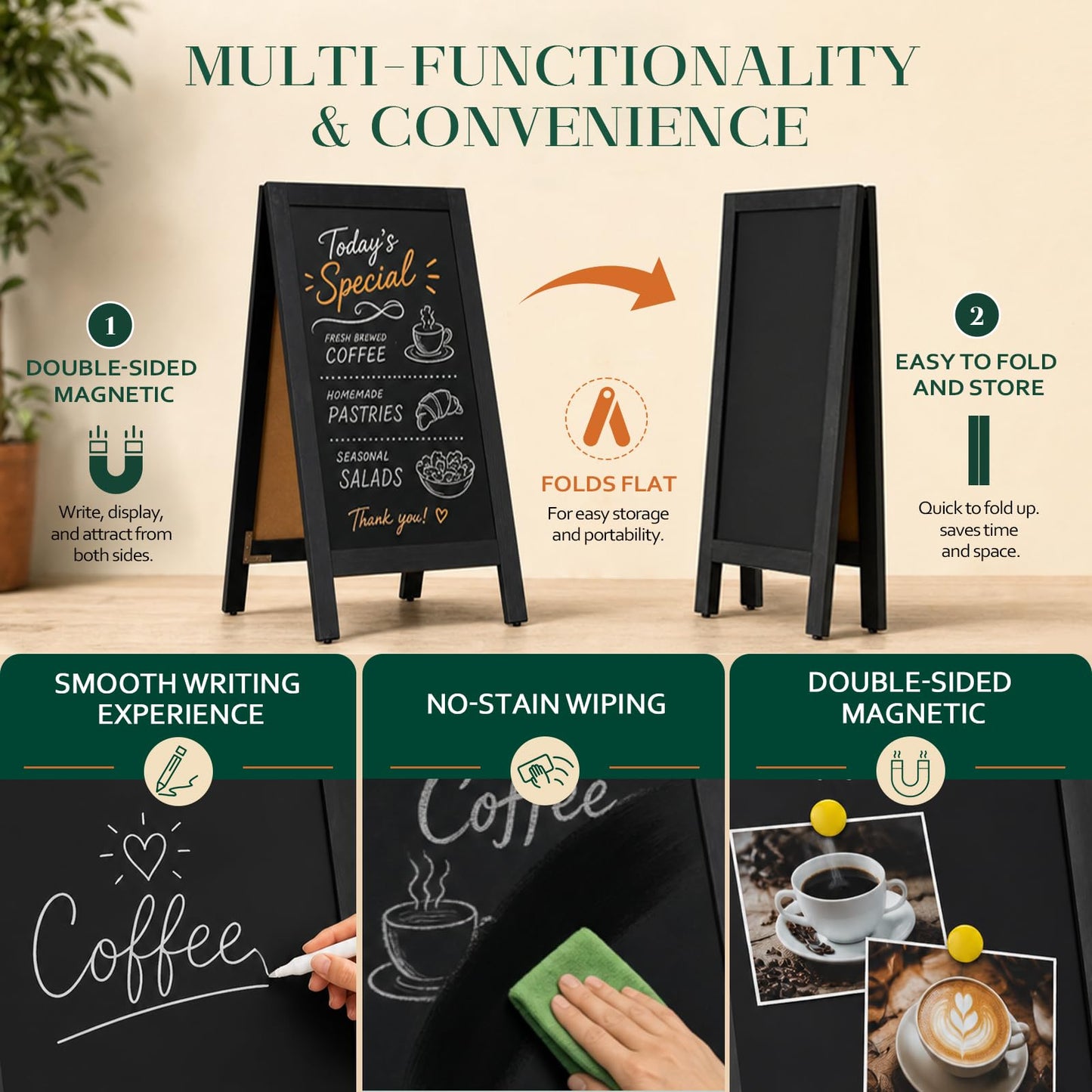 4 THOUGHT A-Frame Double-Sided Magnetic Chalkboard 40"x20", Solid Pine Wood Freestanding Sandwich Board for Restaurants, Cafes, Weddings (Black)
