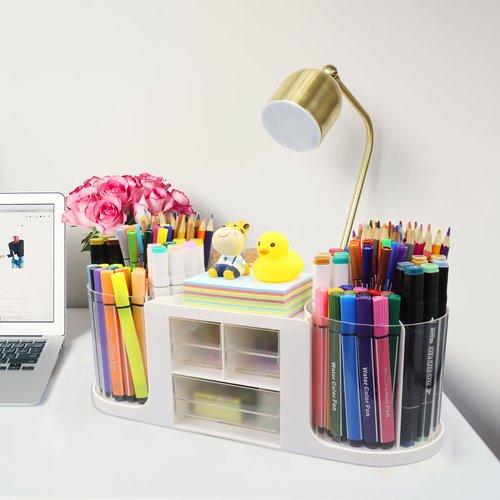 Flytreal Pencil Holder for Desk, Rotating Pen Desk Organizers and Accessories with 3 Small Drawers, Spinning Art Supplies Stationary Storage Caddy for Home Office Teacher School Kids(White)