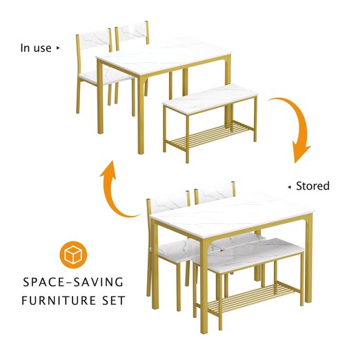 SDHYL Dining Table Set,Two Chairs and One Bench 4 Pieces Set Wooden Table Top with Metal Legs for Breakfast in Living Room, Kitchen Room, Dining Room,Space Saving Kitchen Table Set,Rustic Brown