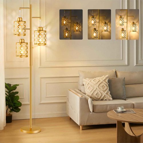 GHOOCEMLUX 68" Dimmable Floor Lamp, Modern Standing Lamp with Elegant Metal Cage, Industrial Tall Tree Floor Lamps for Living Room, Bedroom, Study Room, Office (2000LM LED Bulbs Included) - Gold