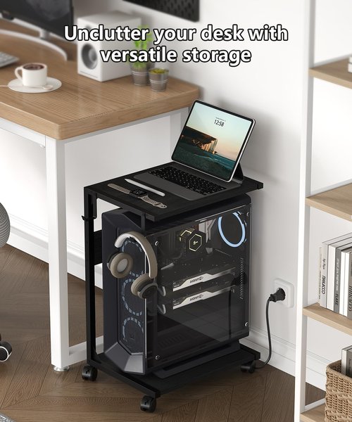 Akxomel 2 Tier Computer Tower Stand with Charging Station, 11.8"D x 16.5"W Rolling Floor PC Tower Stand Fits Under Desk, CPU Holder Cart for Carpet with Hooks, Home Office