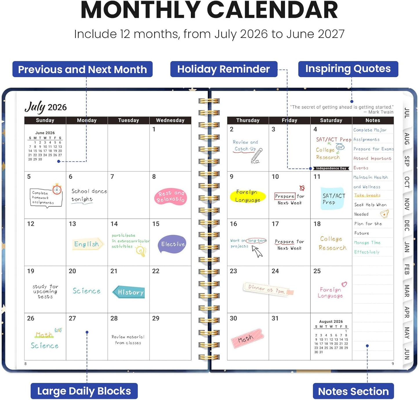 Starry Night Academic Planner 2026-2027 | Monthly & Weekly Agenda Book | Hardcover, A4 (8.5" x 11") for Students & Teachers