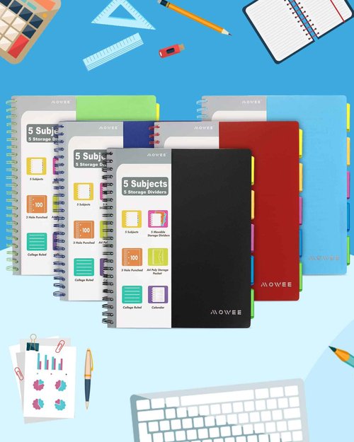 MOWEE Spiral Notebook - 5 Subject Notebook, College Ruled Notebook With Dividers Pocket, Tabs Label (3PackMulti)