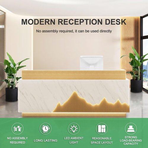 Commercial Reception Desk Modern Front Counter Desk with LED Lights No Assembly Required Retail Counter Reception Room Table for Checkout Office Lobby White and Wood 87inch/220cm