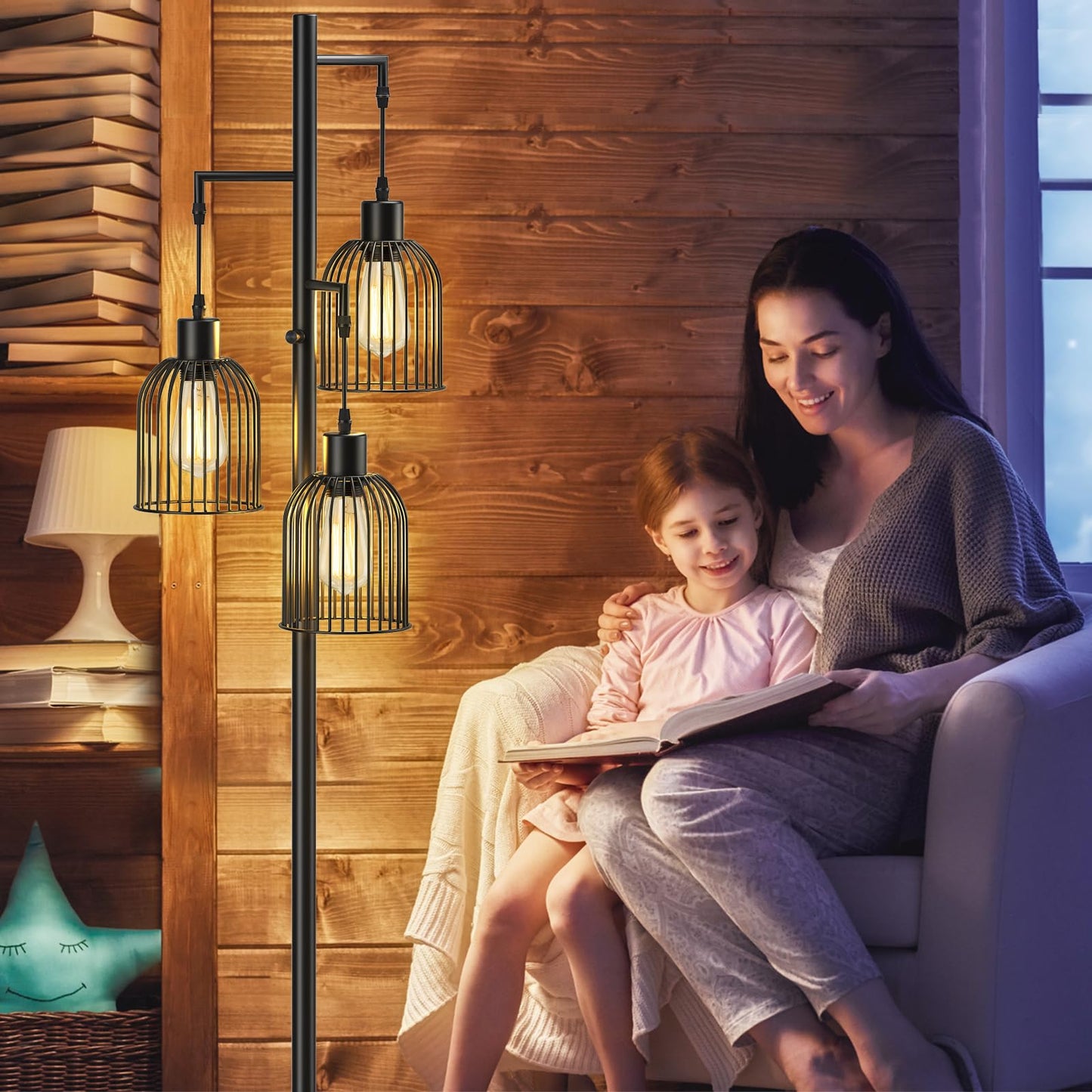CNXIN Stepless Dimmable Floor Lamps with Hanging Lampshades 3 Lights Boho Floor Lamps with 3 PCS 6W Bulbs Tree Standing Lamp Tall Pole Lamp for Living Room Bedroom Office, Black