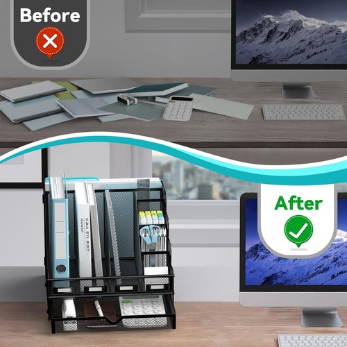 Desk File Organizer, 4 Vertical Compartments Rack + 4 Pen Holders + Drawer File Organizer, Metal Desk Magazine Folder Holder for Office, Home, School, Black