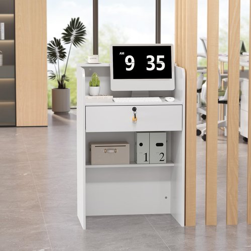 OmySalon Reception Desk with Counter, Small Front Desk w/Lockable Drawer, Wooden Modern Reception Table for Salon Lobby Office Home (White, 24)