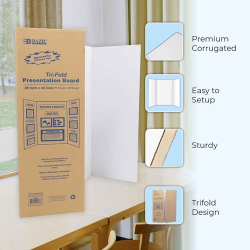 BAZIC Products Trifold Presentation Board 28" X 40" White, Tri-Fold Corrugated Poster Boards, Cardboard for Display Boards Science Fair Art Project, 4-Pack