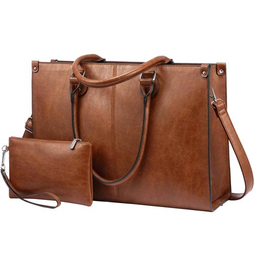 LOVEVOOK Laptop Tote Bag for Women, 17.3 Inch Large Capacity Vintage Leather Work Computer Bag, Business Casual Shoulder Handbag, Dark Brown