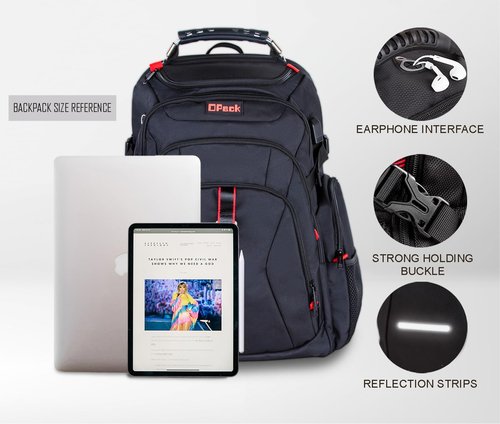 OPACK Extra Large Backpack,TSA Friendly Durable Travel Backpack with USB Charging Port/Headphones Hole, Anti theft&Secure, Water-Resistant Big Business College bag Fits 17" Laptop