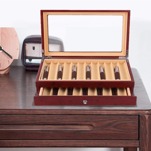 MYOYAY 2 Tier Wood Pen Display Box 23 Slot Pen Storage Organizer Box Luxury Fountain Pen Collector Case with Lid for Shop or Home, Red