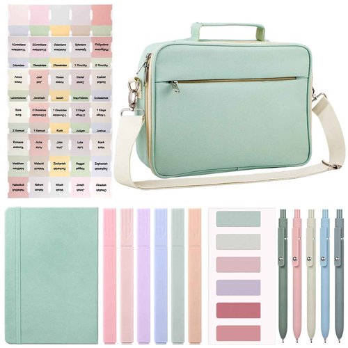Qeeenar 32 Pcs Large Bible Cover Gift Set with 12 Pastel Markers 6 Gel Pens 6 Bookmarks 6 Sheet Bible Tabs and Lined Journal Notebook for Women Office Home Teachers Supplies