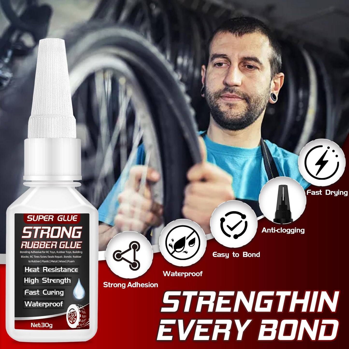 Rubber Glue, 30g Super Glue for Rubber, Tires, Seals, Gaskets, Shoe Soles, Hose, Tire Adhesive Heavy Duty, Waterproof, with Anti-Clog Cap, Heat-Resistant (with 3 Droppers)