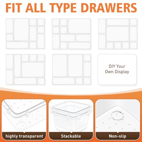 SpaceTrove 45 PCS Clear Plastic Drawer Organizers Set, 4-Size Versatile Bathroom and Vanity Drawer Organizer Trays, Storage Bins for Makeup, Bedroom, Kitchen Gadgets Utensils and Office