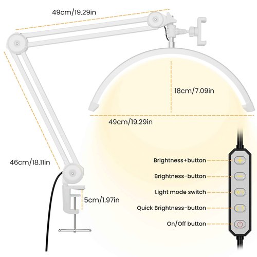 gelpal 3000 Lm Adjustable LED Half Moon Light with Clamp & Task Lamp - Bright, Dimmable Lighting for Office, Crafts, Nails &Salon, Remote Control (CCT，White)