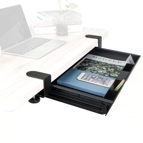EHO Under Desk Slide-Out Storage Drawer, Large 20"x11.8" Pull-Out Organizer with Smooth Sliding Rail, Adjustable C-Clamp Mount, Black Tray for Home Office & Standing Desk