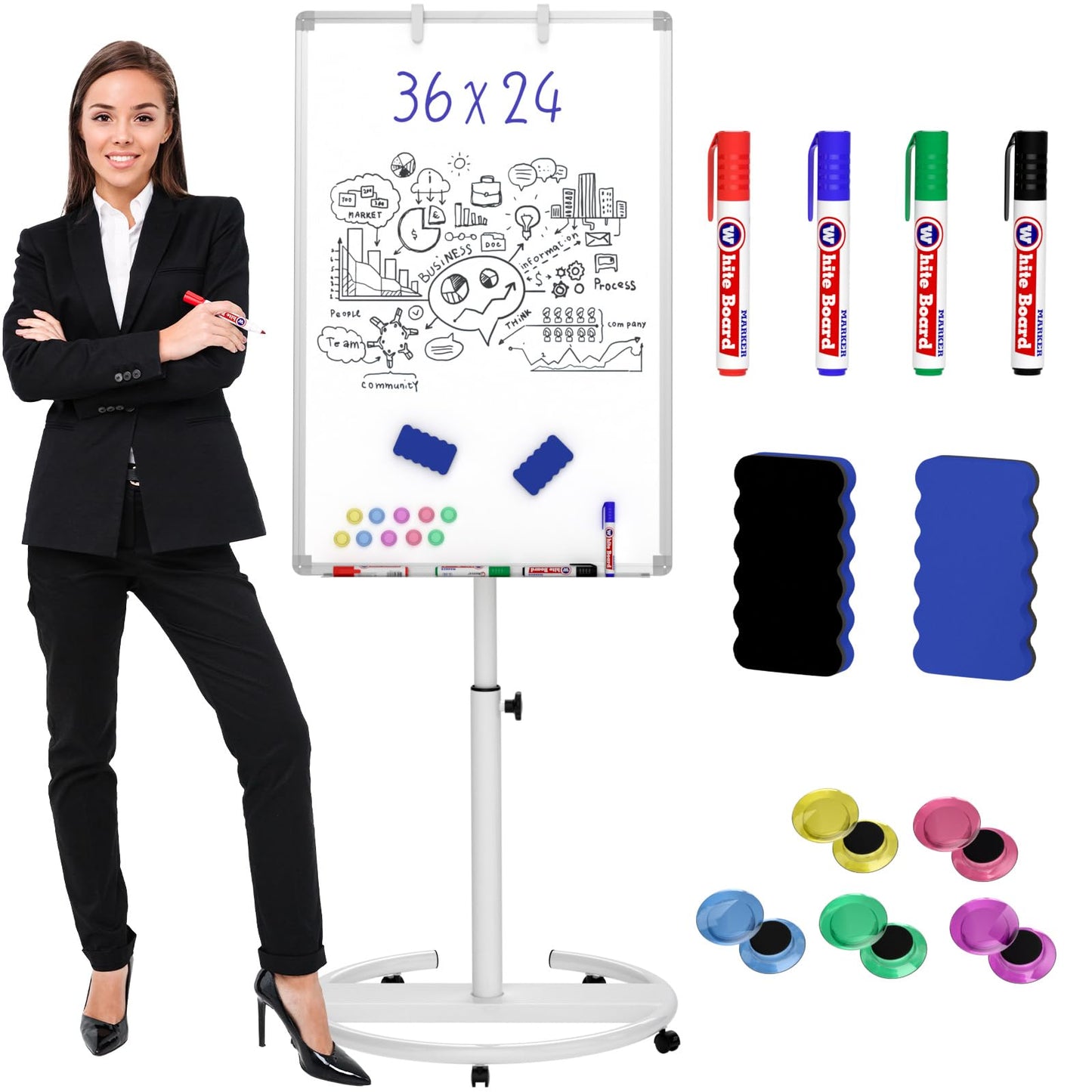 Nicpro Mobile Whiteboard 36"x 24" Magnetic Dry Erase Board, Height Adjustable Standing Easel with 5 Wheels, Flipchart Hooks, Rolling for Office Home or Classroom Teaching