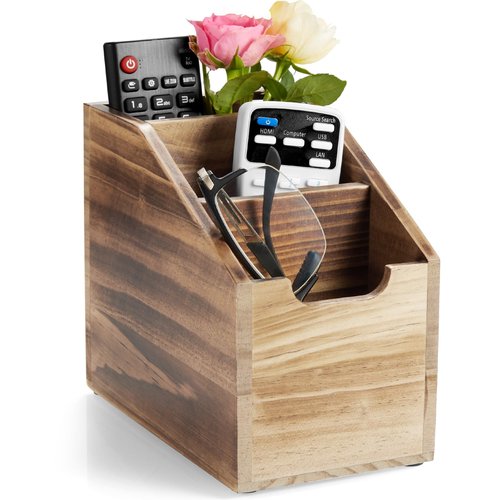 BWODYAY Remote Control Holder, TV Remote Holder, Wood Farmhouse Remote Caddy for Table, Remote Organizer Caddy with 3 Slots, Remote Storage Box for Home Office, Burnt Wood