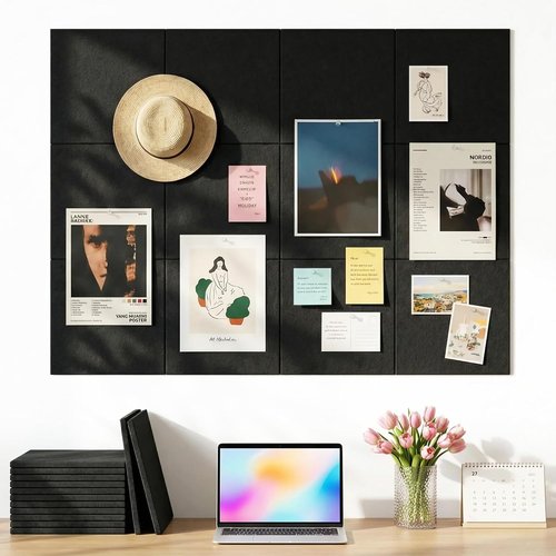 Aothia 12-Pack Felt Bulletin Board Tiles - Modular 48x36 Cork Board Alternative for Office & Classroom | Includes 70 Adhesive Tabs & 40 Push Pins (Black)