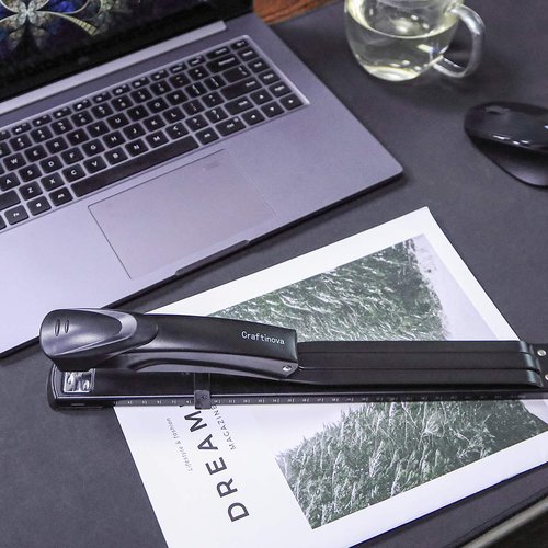 Craftinova Long Reach Stapler,with 2000 Staples & Stapler Remover Full Strip，20-25 Sheet Capacity,with Built-in Ruler and Adjustable Locking Paper Guide, Black