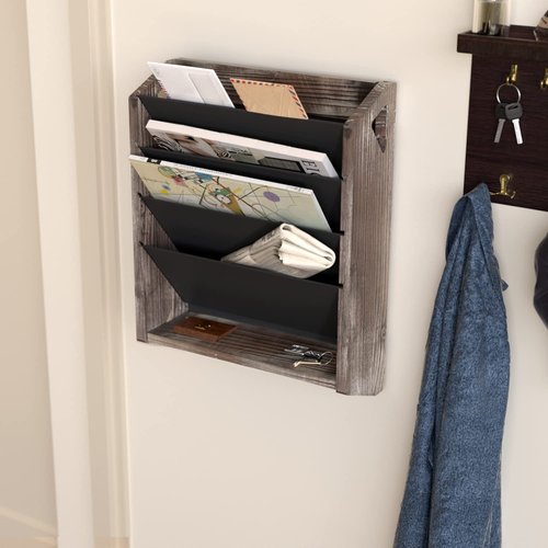 J JACKCUBE DESIGN Wall Document File Organizer Rustic Wood Magazine Rack with 5 Compartments Hanging Mail Holder for Home, Office - MK624A