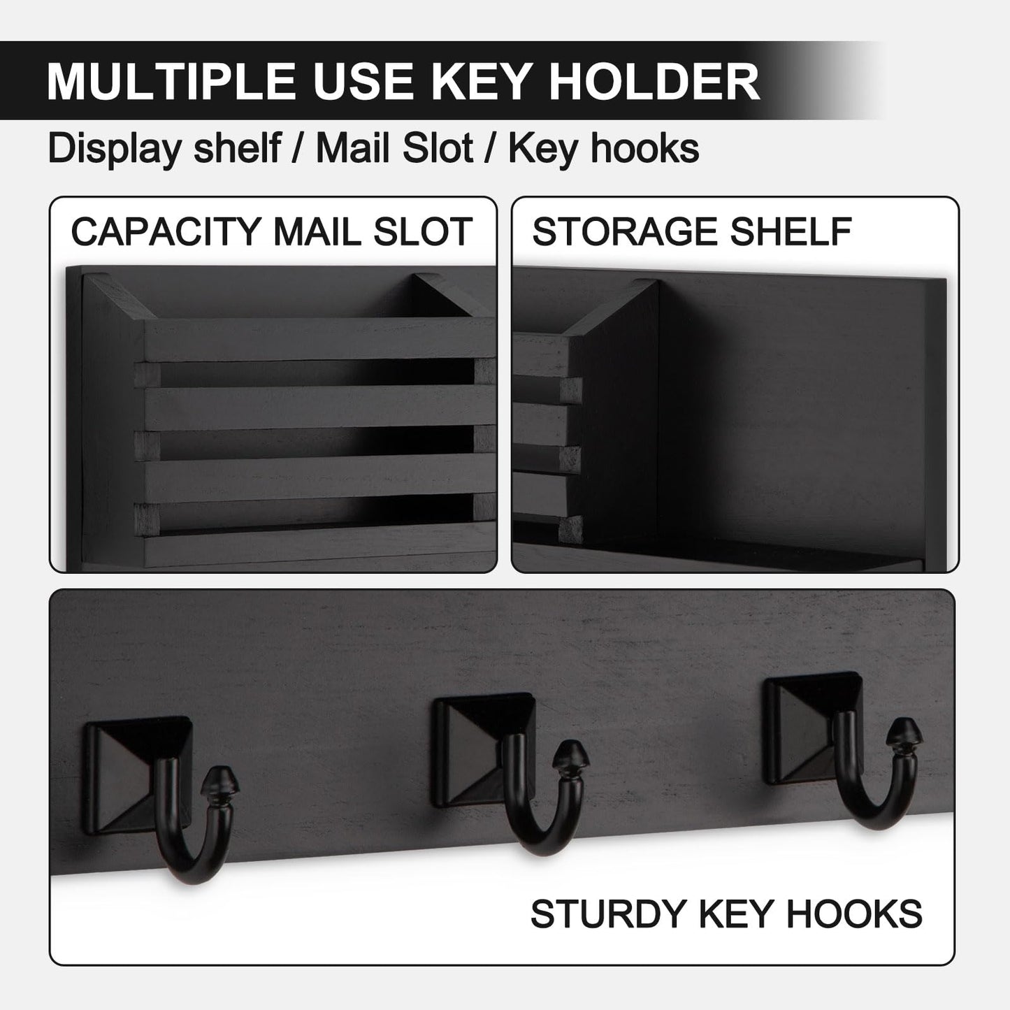 Lucundm Key Holder Wall Mount, Mail Organizer for Wall with 5 Square Rustic Key Hooks Key Shelf Farmhouse Home Decor for Entryway