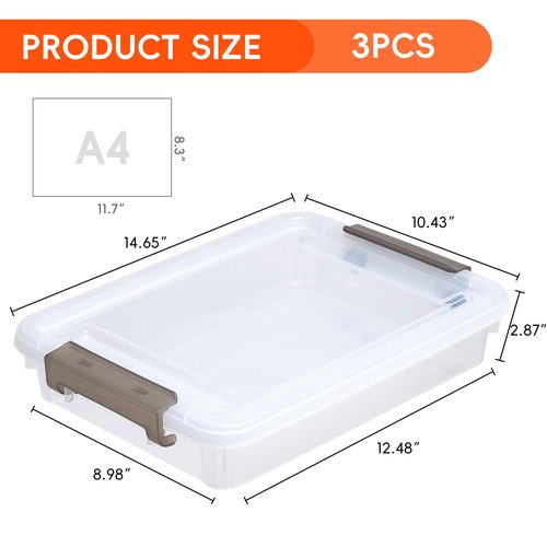 Bienvoun 3 PCS Plastic Storage Bins with Lids Portable Project Case Water Resistant Plastic Containers for Organizing Document,A4 Paper,Photo,Letter,Scrapbook