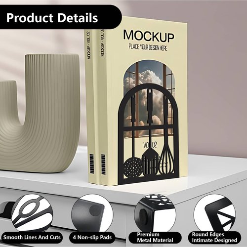 CRASPIRE 1 Pair Black Metal Bookends Kitchen Heavy Duty Study Non-Skid Tableware 4.7x3.5x7 Book Holder Stand Decorative Organizer Support for Office Shelves Cookbook Room Desk Christmas Birthday Gift