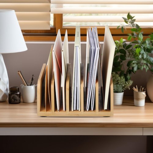 Lineshading Desk Mail Organizer Bamboo File Holders Countertop Paper Organizer Letter Sorter 5 Compartments Envelope Holders with Anti Slip Mat for Home Office School Desktop Document Storage