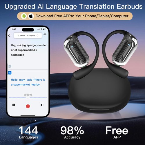 AI Translation Earbuds Real Time – 144 Languages (Incl. Spanish), Bluetooth 5.4, 80H Battery, Waterproof, 5 Modes for Business, Travel & Learning&Meetings & Study